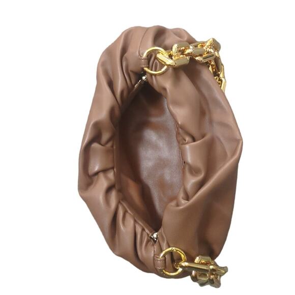 Elegant Tan Purse with Gold Chain Detail Chic Brown & Gold Accent Bag - Picture 5 of 5